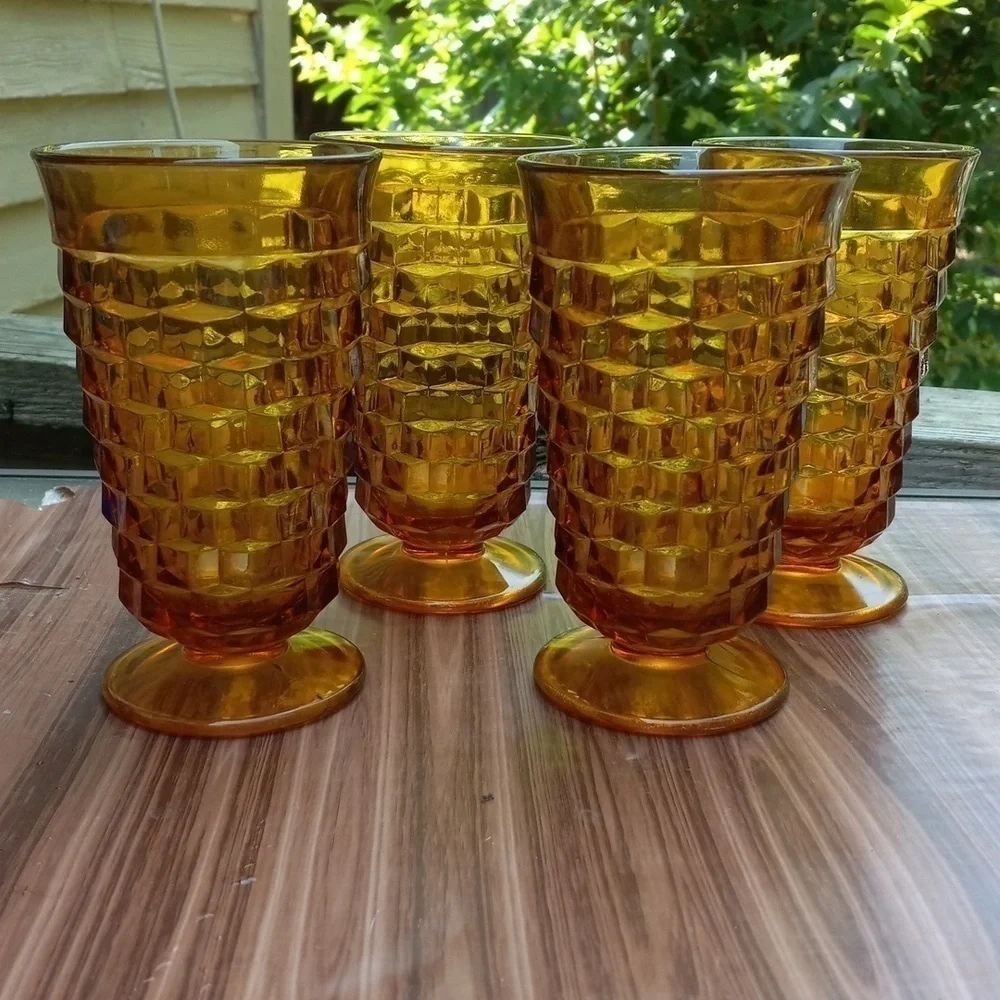 Vintage 1960s Indiana Glass amber Colony Whitehall harvest footed tea glasses